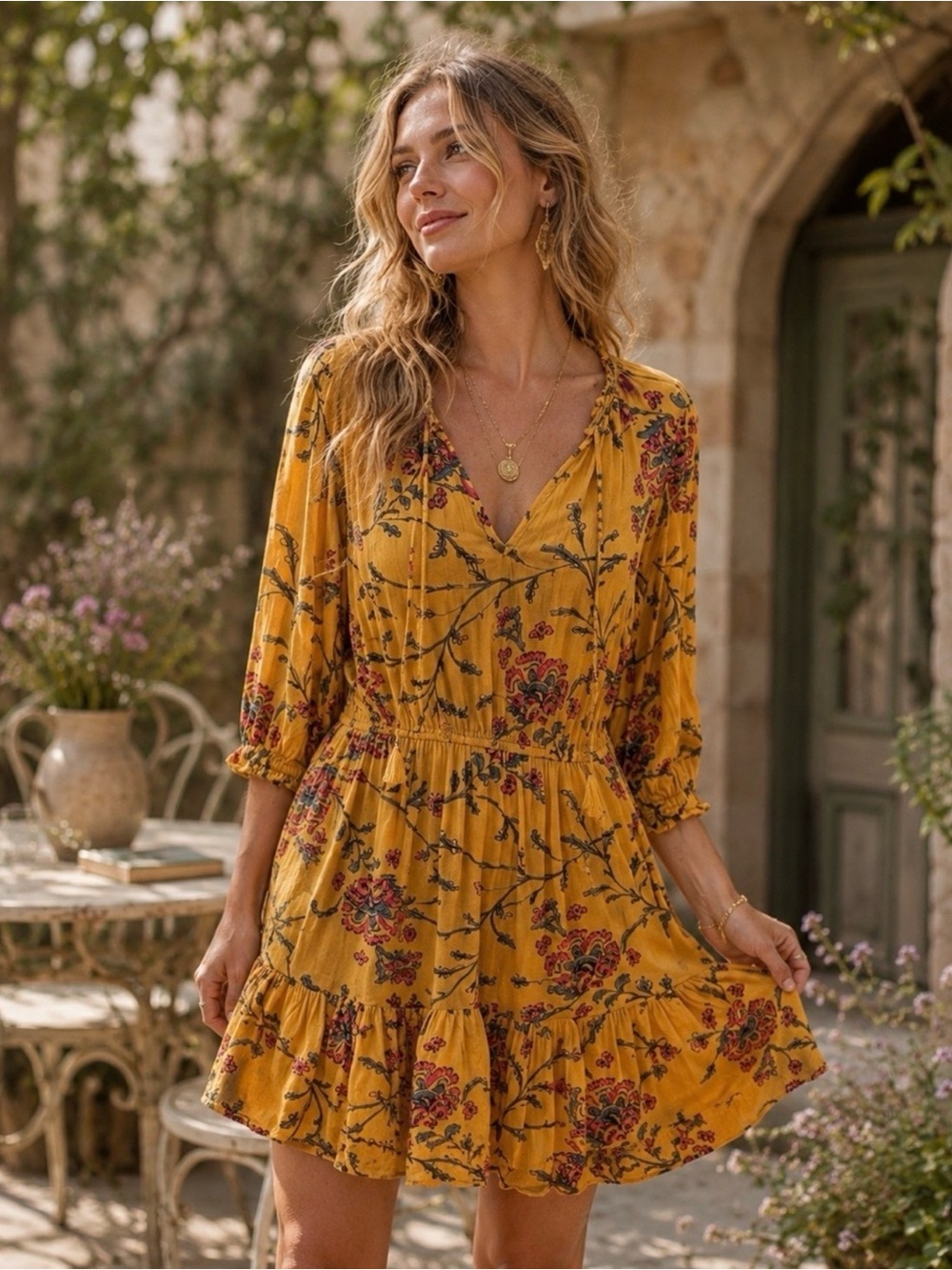Knox Rose Mustard Yellow Floral V-Neck Tiered Mini Dress, size L